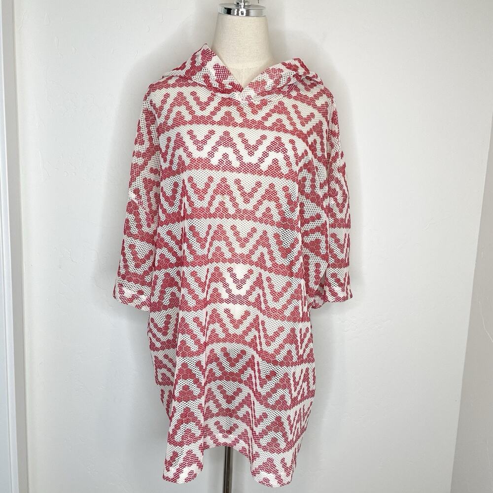 Vinti Andrews London Mesh Fishnet Hooded Cover Up Top Womens Small Red White